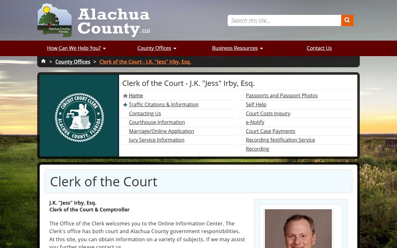 Alachua County genealogy clerk of court homepage