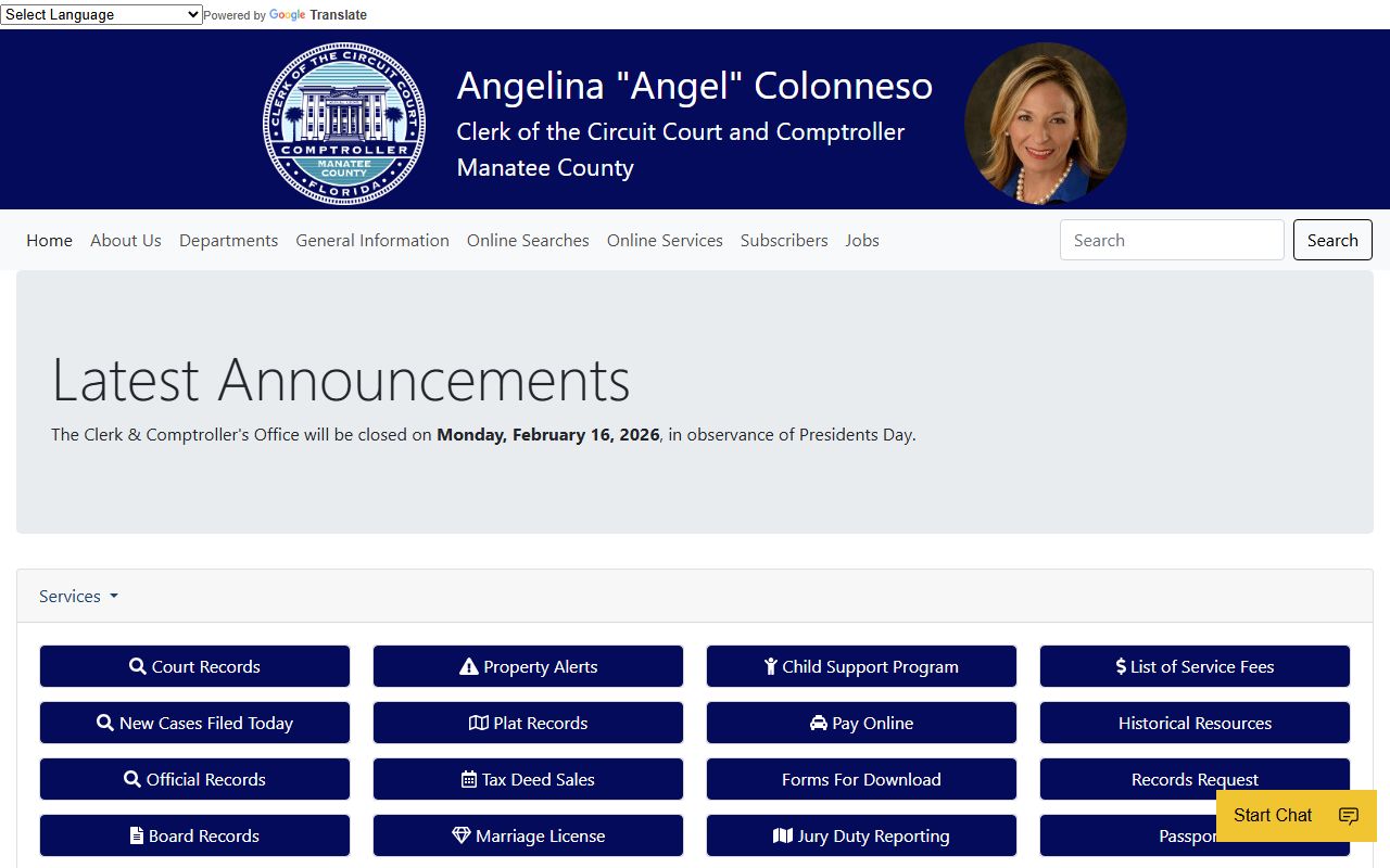 Manatee County Clerk of Court homepage for genealogy