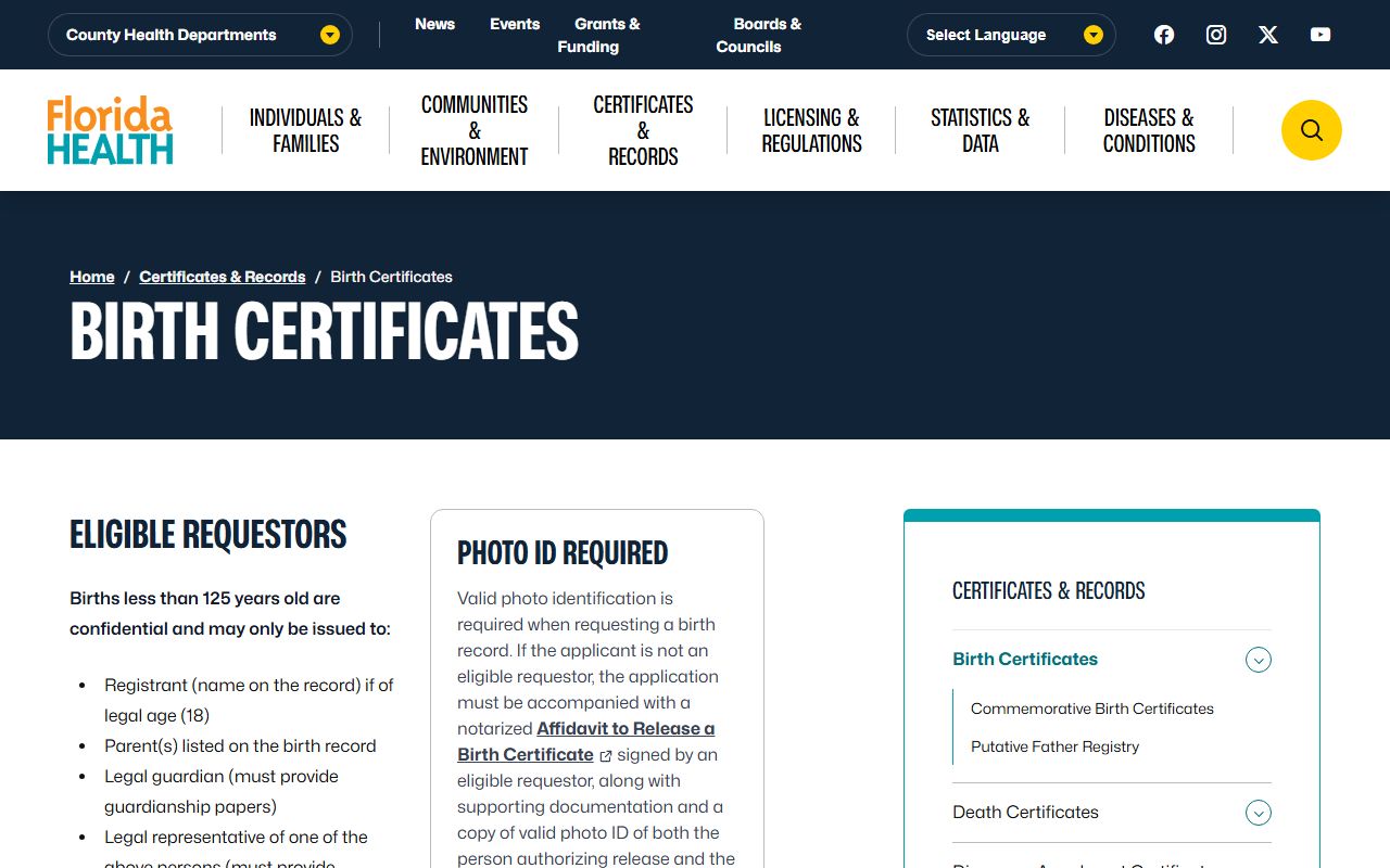 Florida birth certificates information
