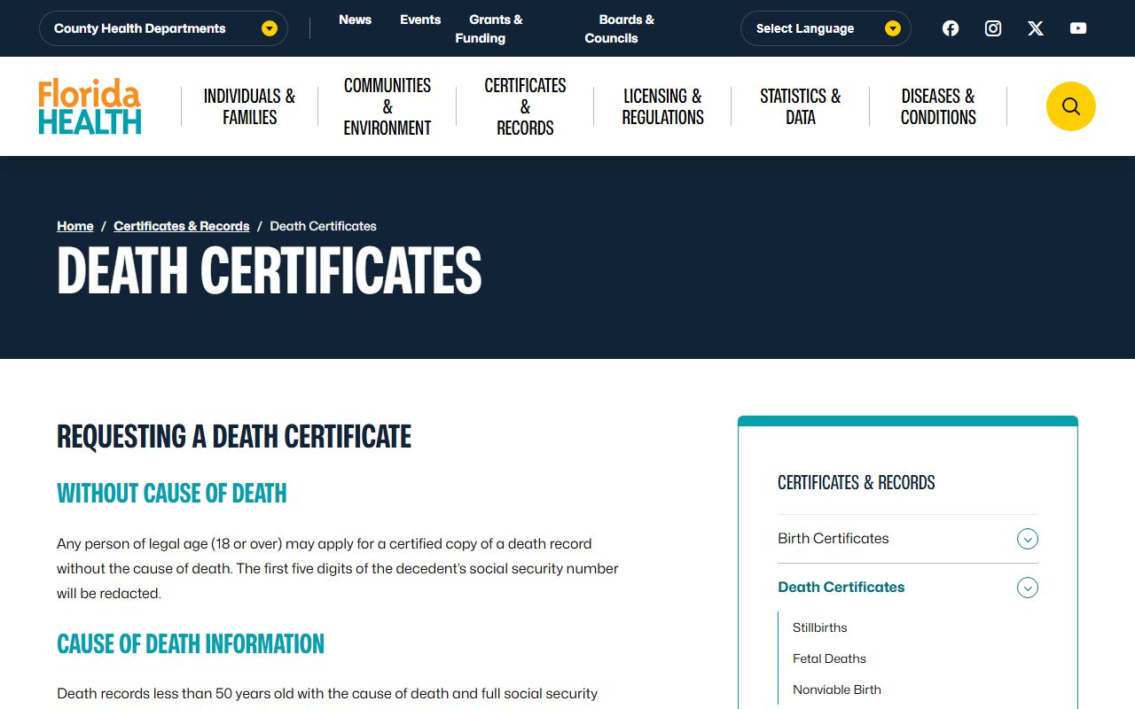 Florida death certificates information
